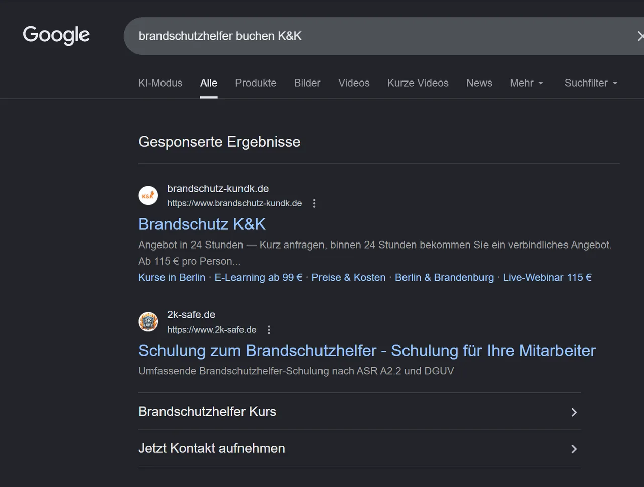 Gesponsertes Google-Suchergebnis: Anzeige von Brandschutz K&K mit Sitelinks zu Kursen, E-Learning und Preisen