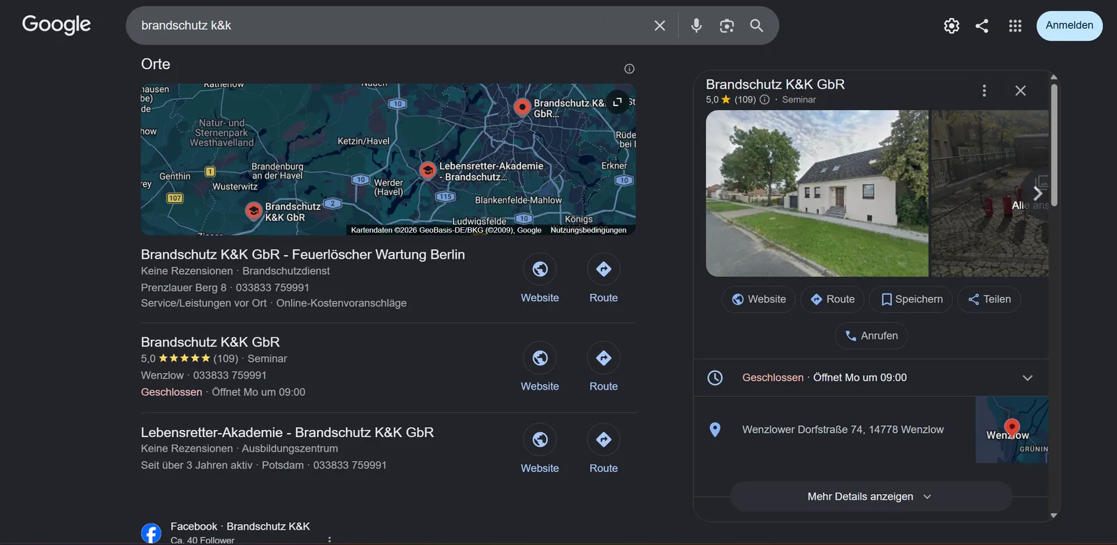 Google-Unternehmensprofil von Brandschutz K&K GbR mit 5,0 Sternen aus 109 Bewertungen