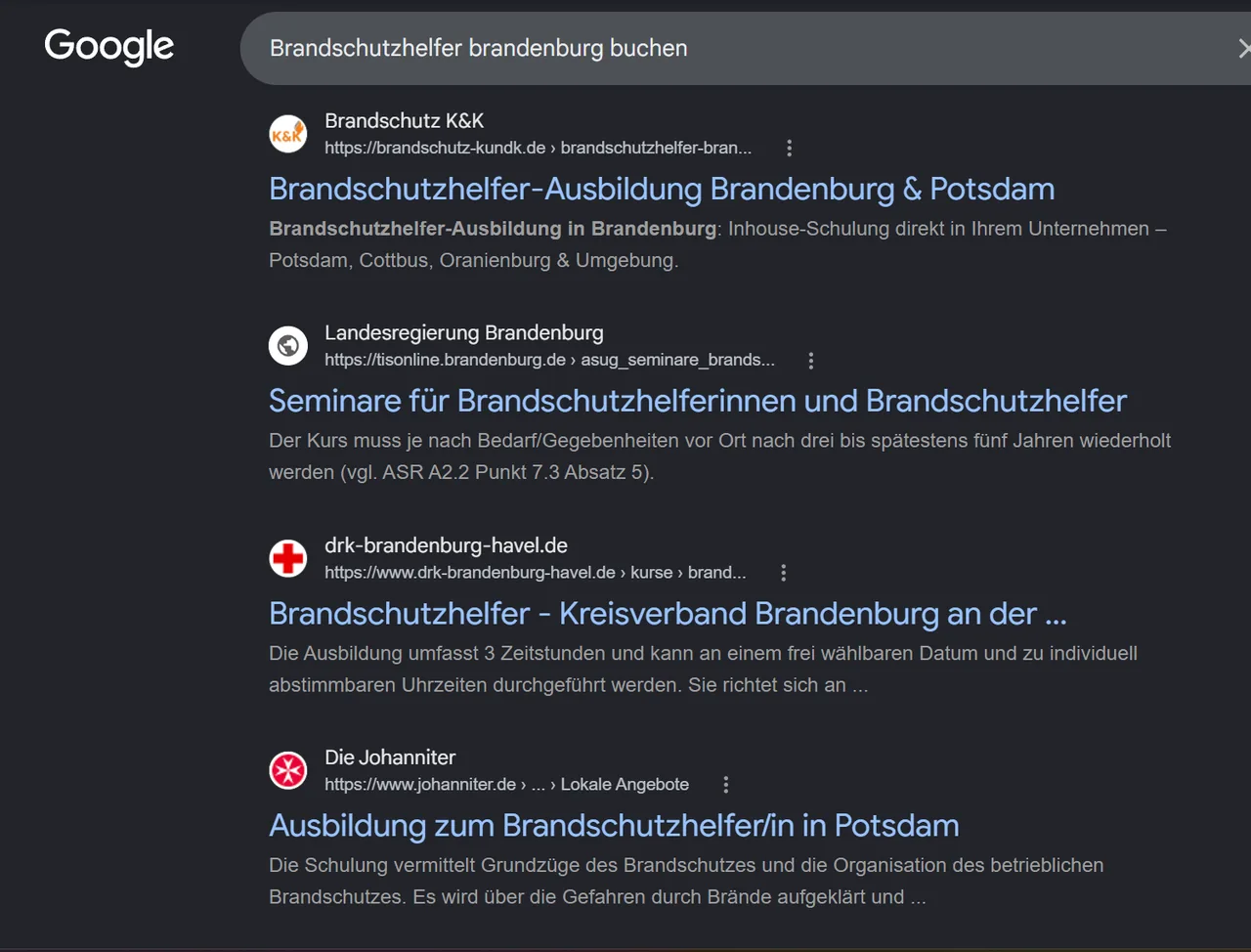 Google-Suchergebnis: Brandschutz K&K auf Platz 1 für Brandschutzhelfer Brandenburg buchen, vor Landesregierung, DRK und Johannitern