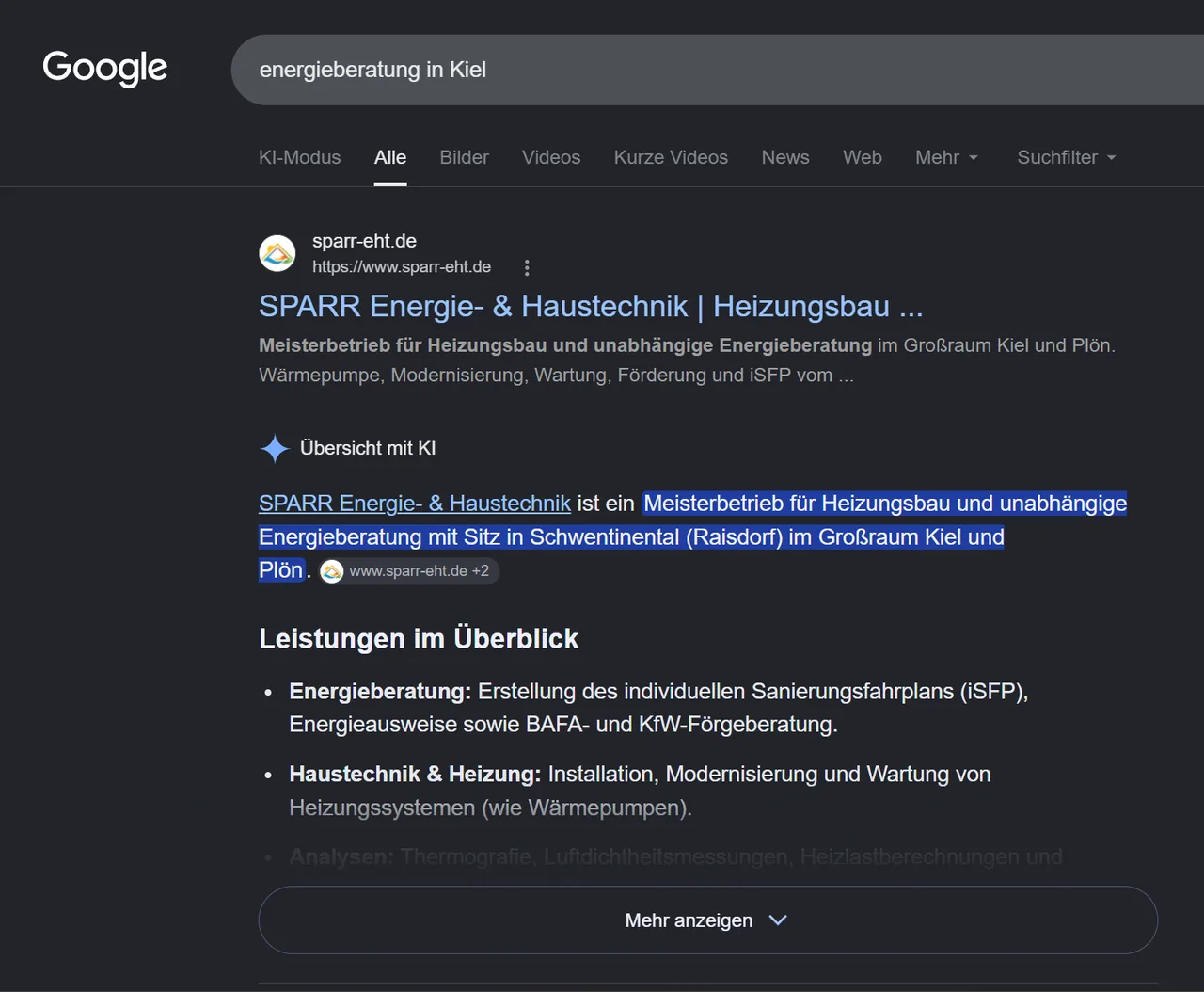 Google-Suchergebnis: Sparr Energie- und Haustechnik auf Platz 1 und als Quelle in der KI-Übersicht