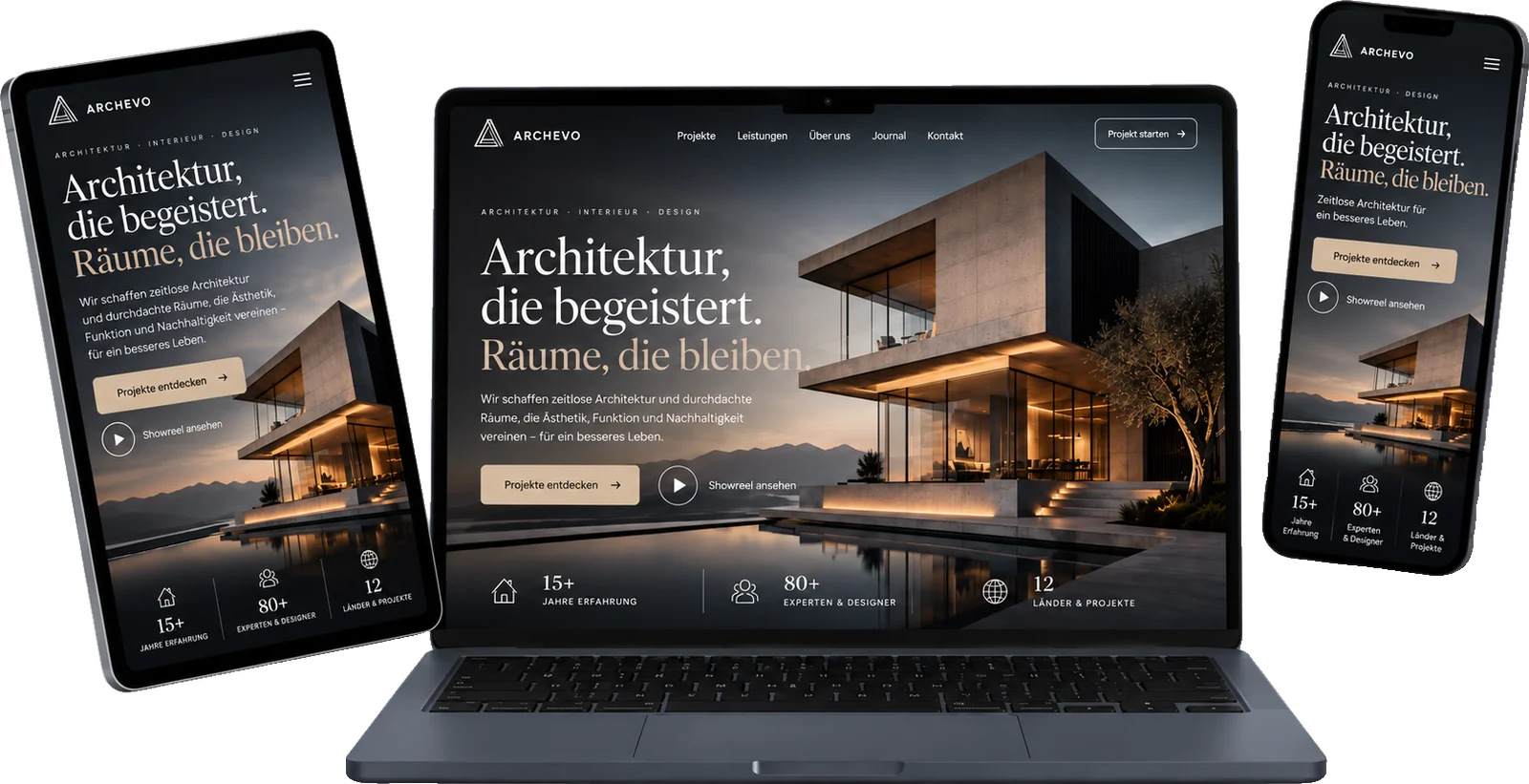 Beispiel-Website für ein Architekturbüro auf Laptop, Tablet und Handy