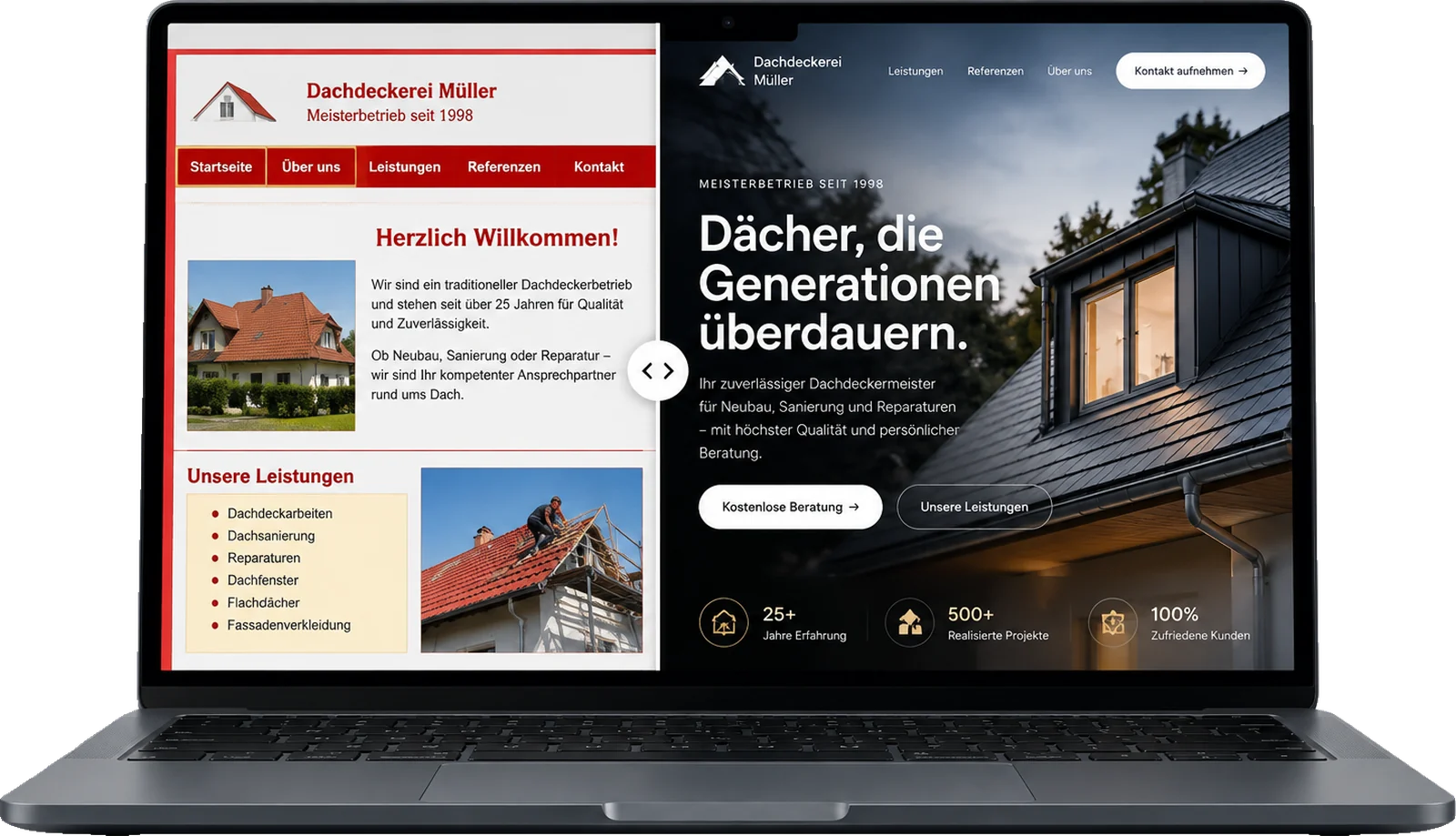 Beispiel-Relaunch einer Dachdecker-Website: links vorher, rechts nachher