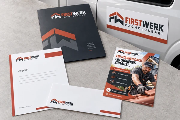 FIRSTWERK: Flyer, Briefpapier, Umschlag, Angebotsmappe und Magnetschild
