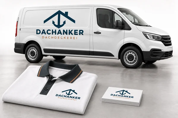 Dachanker: Gestaltungsbeispiel mit Van, Poloshirt und Visitenkarten
