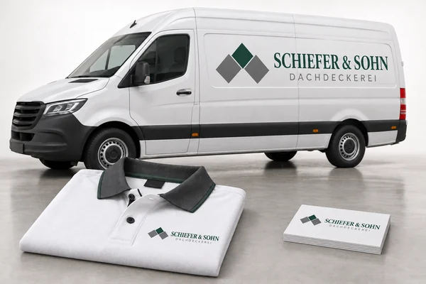 Schiefer & Sohn: Gestaltungsbeispiel mit Van, Poloshirt und Visitenkarten