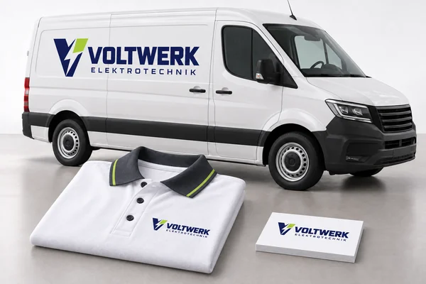 Voltwerk: Gestaltungsbeispiel mit Van, Poloshirt und Visitenkarten