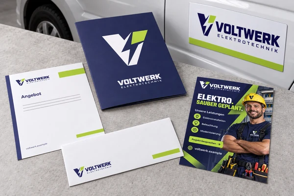 VOLTWERK: Flyer, Briefpapier, Umschlag, Angebotsmappe und Magnetschild