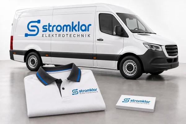 Stromklar: Gestaltungsbeispiel mit Van, Poloshirt und Visitenkarten