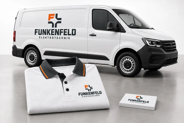 Funkenfeld: Gestaltungsbeispiel mit Van, Poloshirt und Visitenkarten