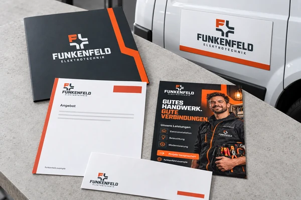 FUNKENFELD: Flyer, Briefpapier, Umschlag, Angebotsmappe und Magnetschild