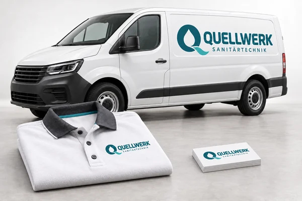 Quellwerk: Gestaltungsbeispiel mit Van, Poloshirt und Visitenkarten
