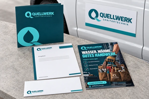 QUELLWERK: Flyer, Briefpapier, Umschlag, Angebotsmappe und Magnetschild