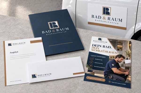 BAD & RAUM: Flyer, Briefpapier, Umschlag, Angebotsmappe und Magnetschild