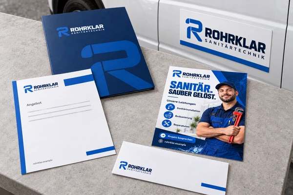 ROHRKLAR: Flyer, Briefpapier, Umschlag, Angebotsmappe und Magnetschild