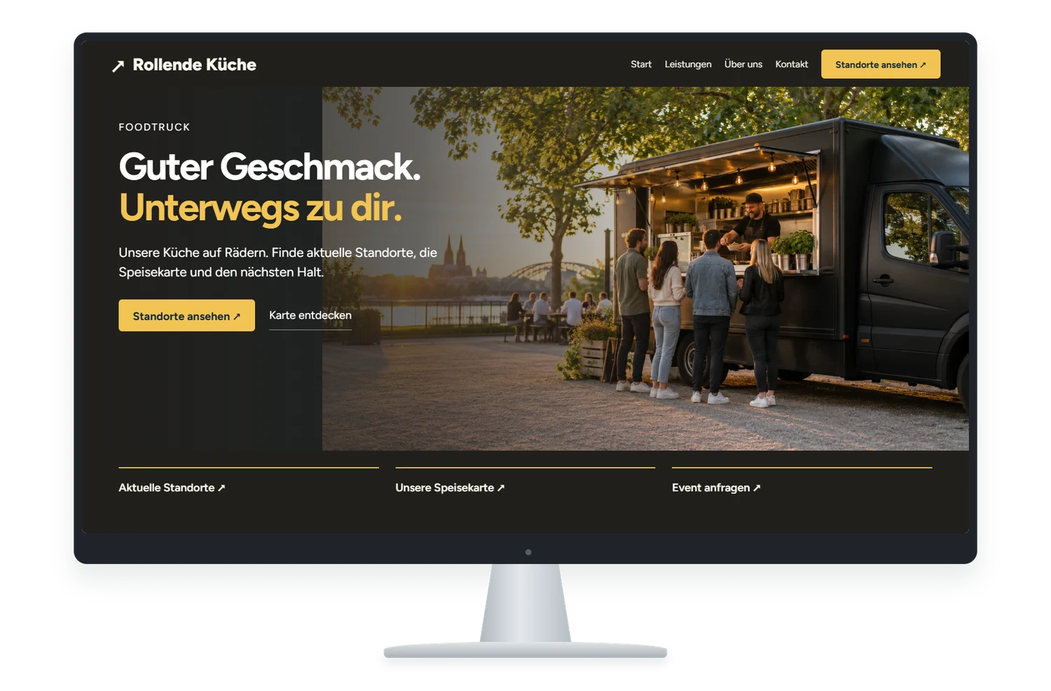 Fiktives Website Designbeispiel für Foodtruck auf einem Monitor