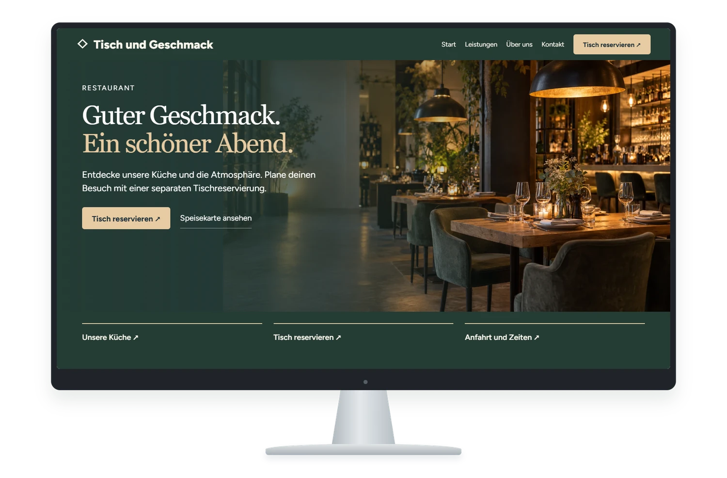 Fiktives Website Designbeispiel für Restaurant auf einem Monitor