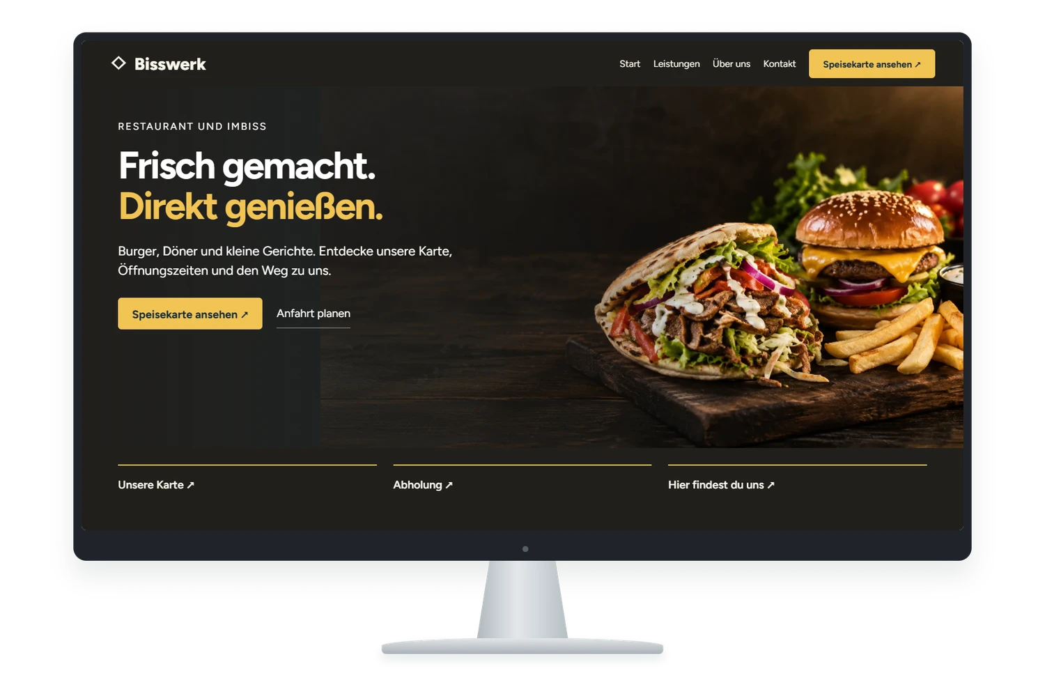 Fiktives Website Designbeispiel für Restaurant und Imbiss auf einem Monitor