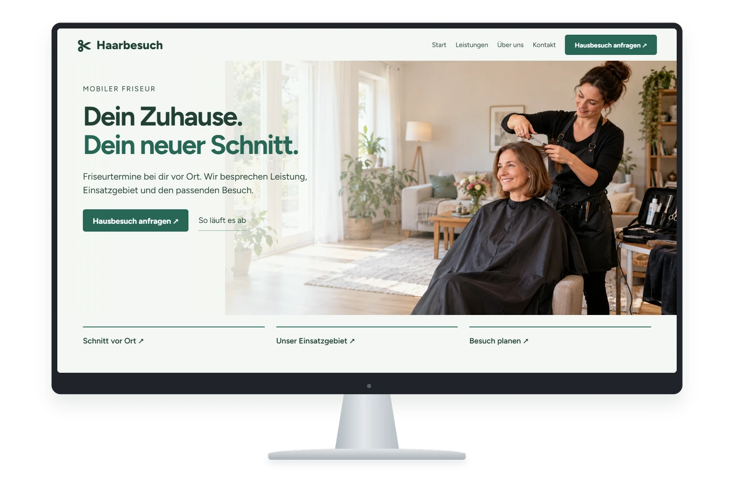 Fiktives Website Designbeispiel für Mobiler Friseur auf einem Monitor