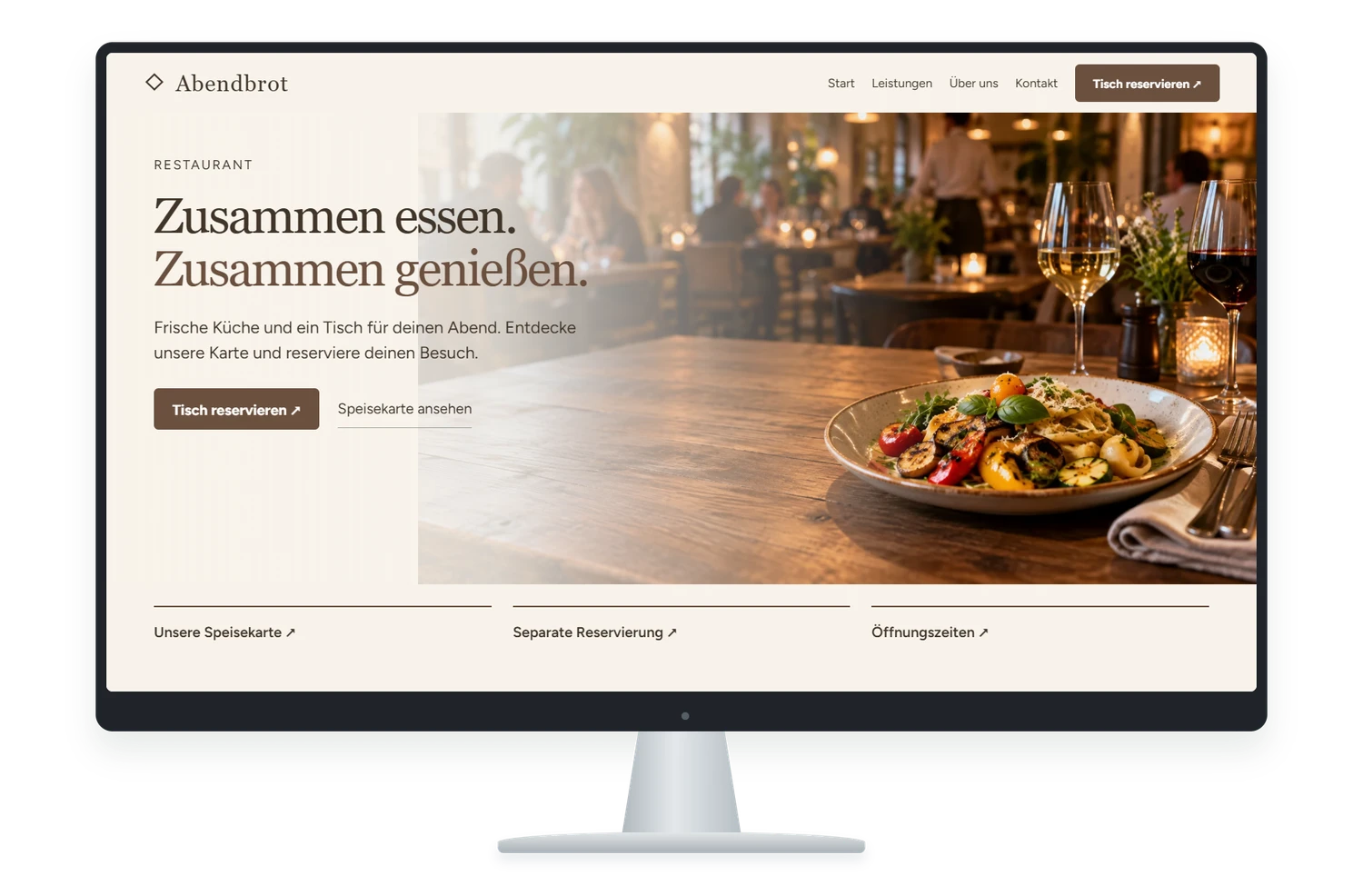 Fiktives Website Designbeispiel für Restaurant auf einem Monitor