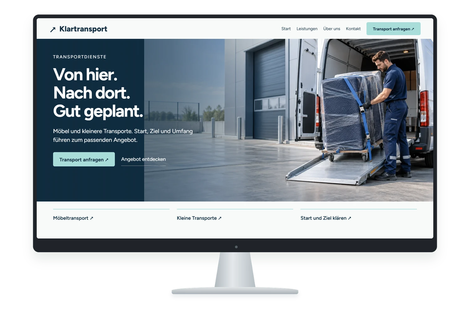 Fiktives Website Designbeispiel für Transportdienste auf einem Monitor