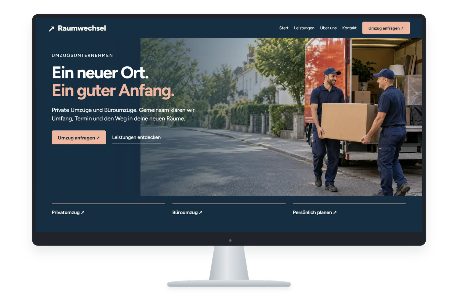 Fiktives Website Designbeispiel für Umzugsunternehmen auf einem Monitor