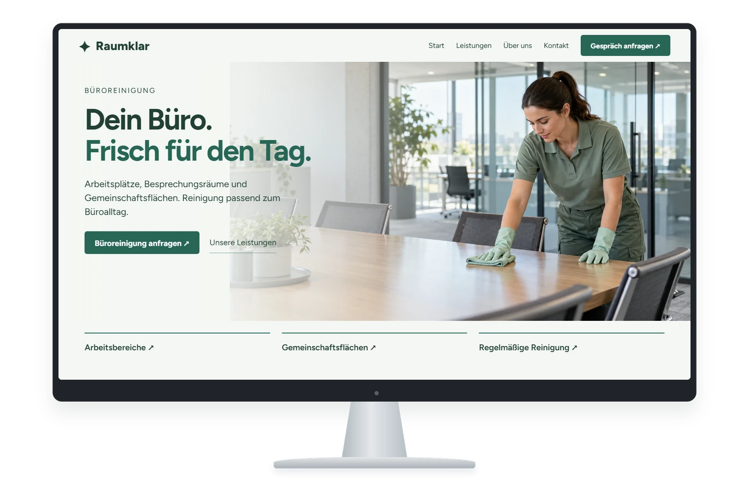 Fiktives Website Designbeispiel für Büroreinigung auf einem Monitor