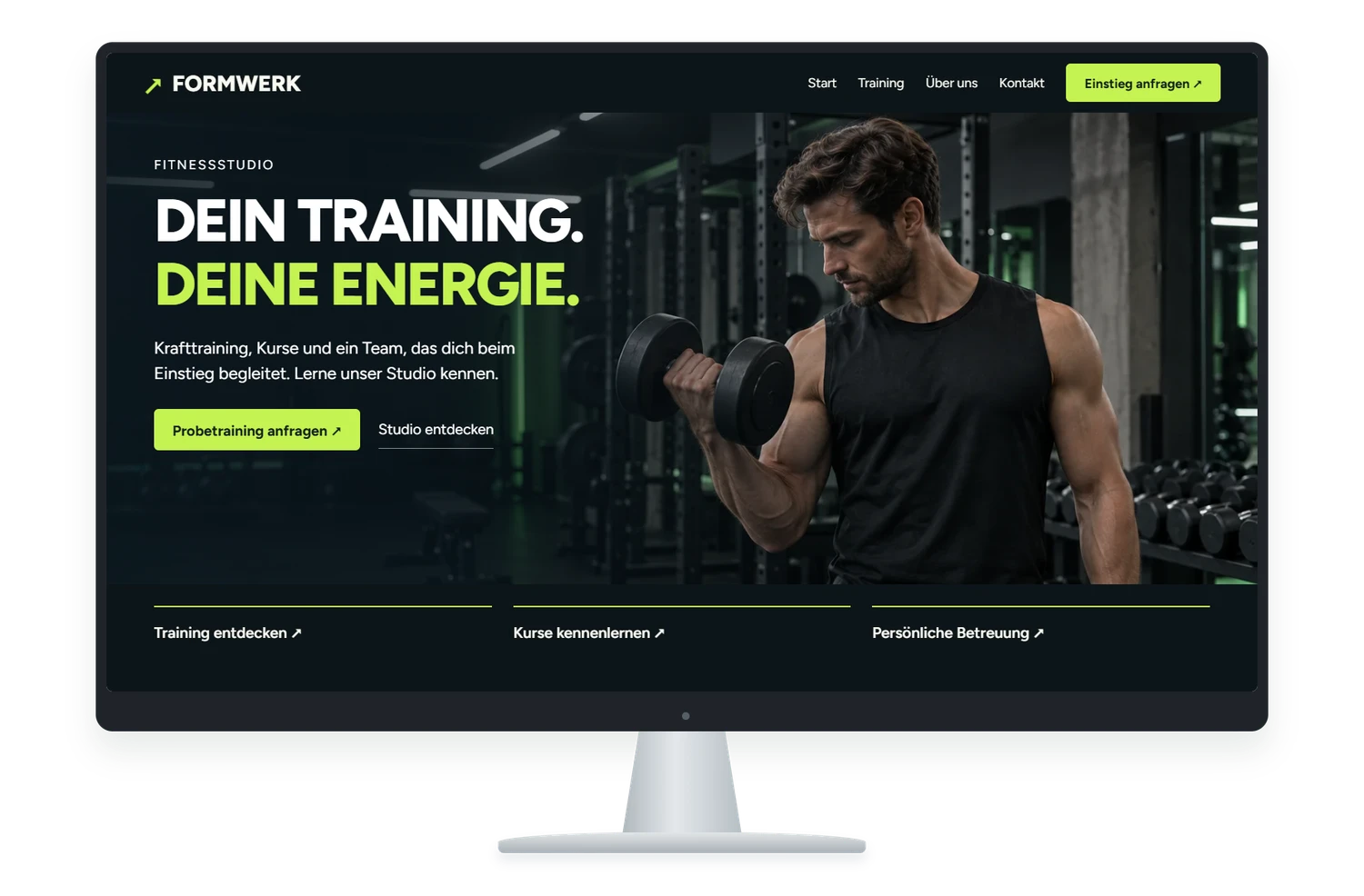 Fiktives Website Designbeispiel für Fitnessstudio auf einem Monitor