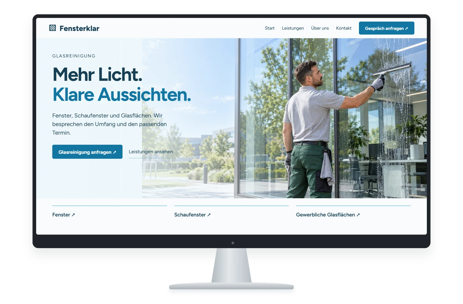 Fiktives Website Designbeispiel für Glasreinigung auf einem Monitor
