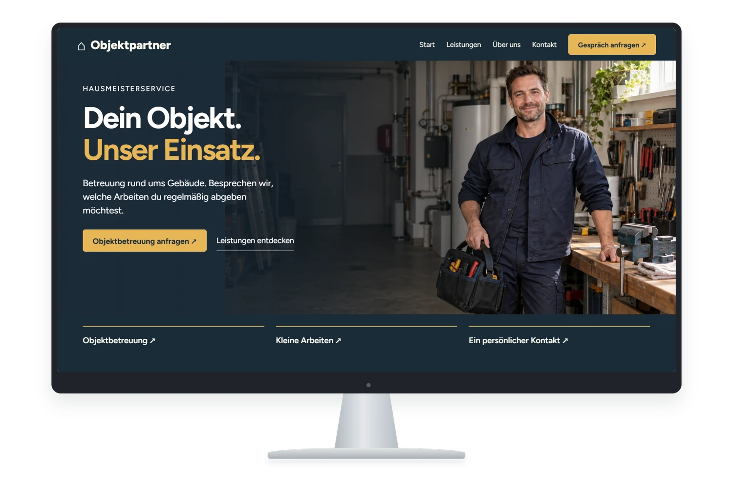 Fiktives Website Designbeispiel für Hausmeisterservice auf einem Monitor