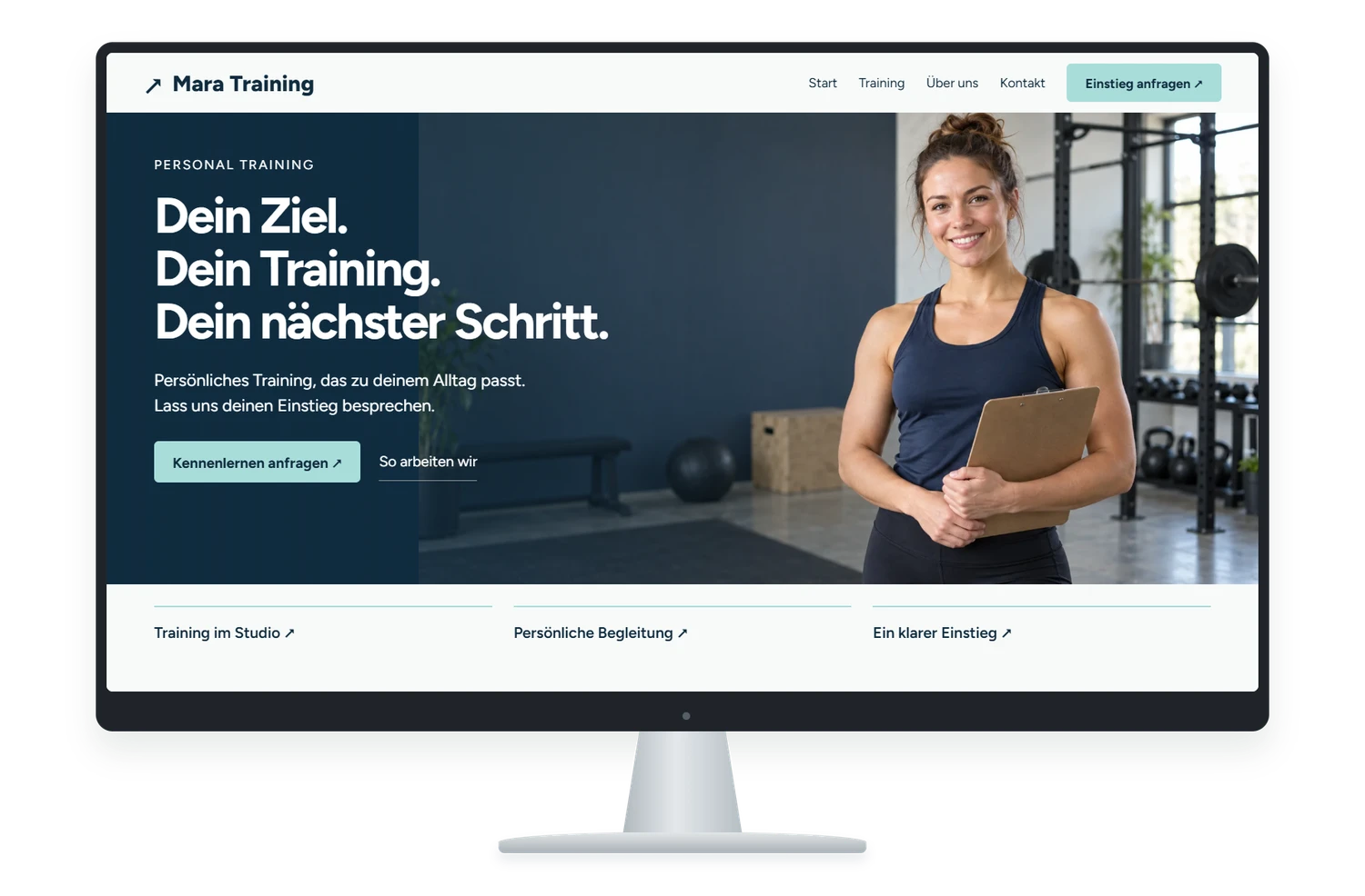 Fiktives Website Designbeispiel für Personal Training auf einem Monitor