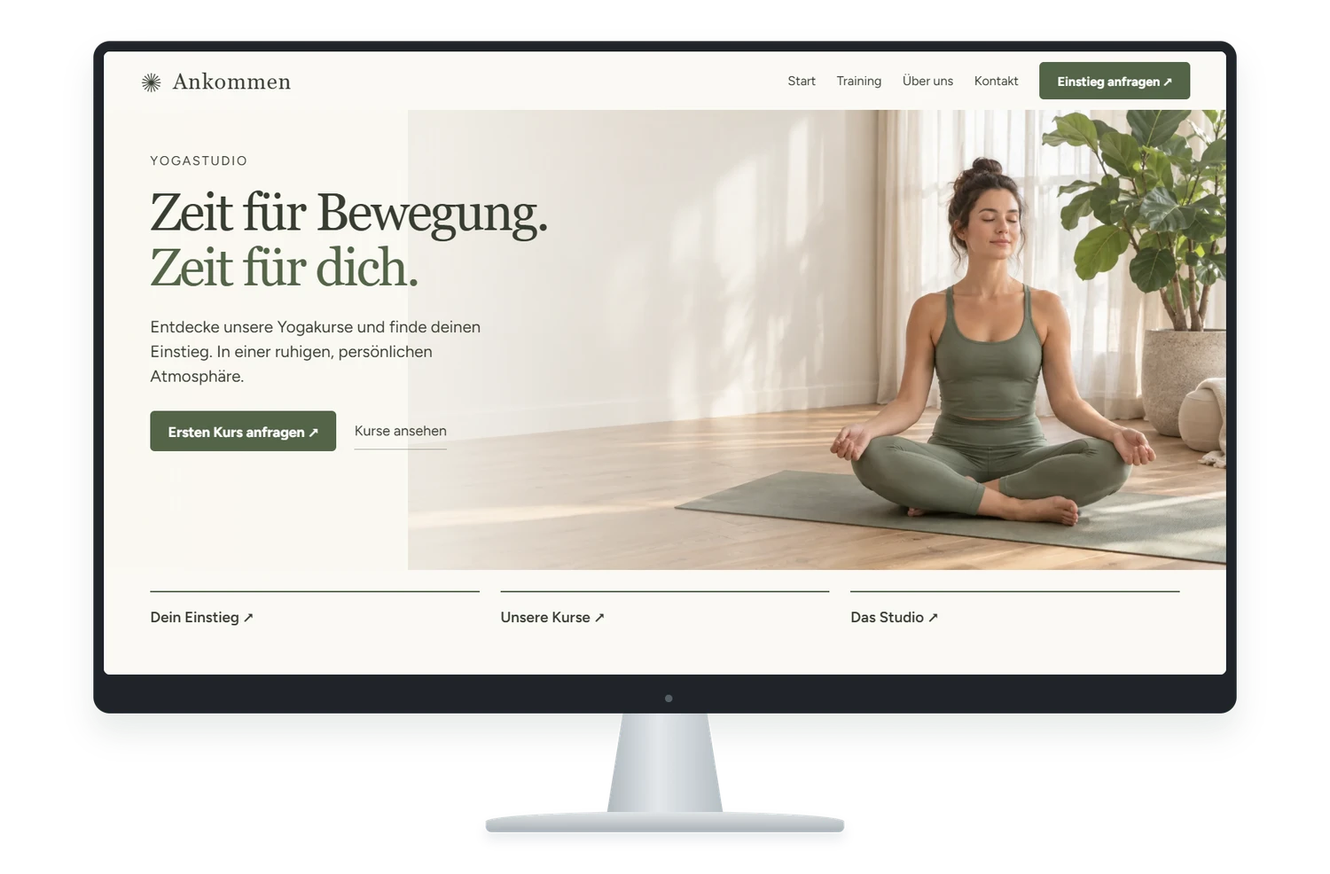Fiktives Website Designbeispiel für Yogastudio auf einem Monitor