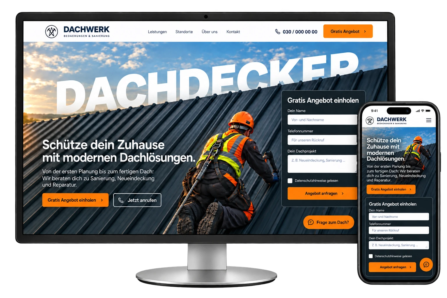 DACHWERK Website mit Angebotsformular auf Monitor und Smartphone