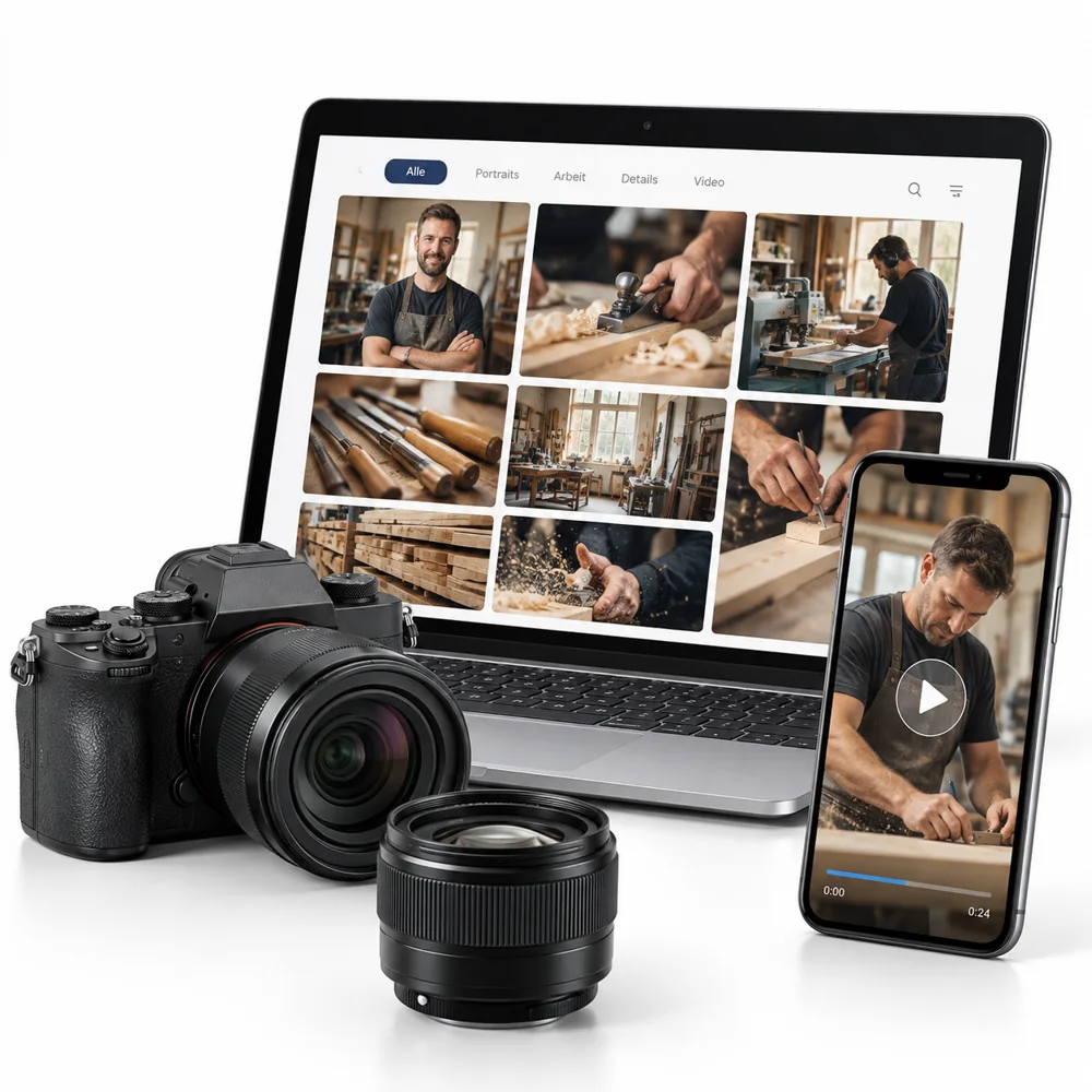 Kamera, Bilder aus dem Handwerk und Video auf einem Smartphone