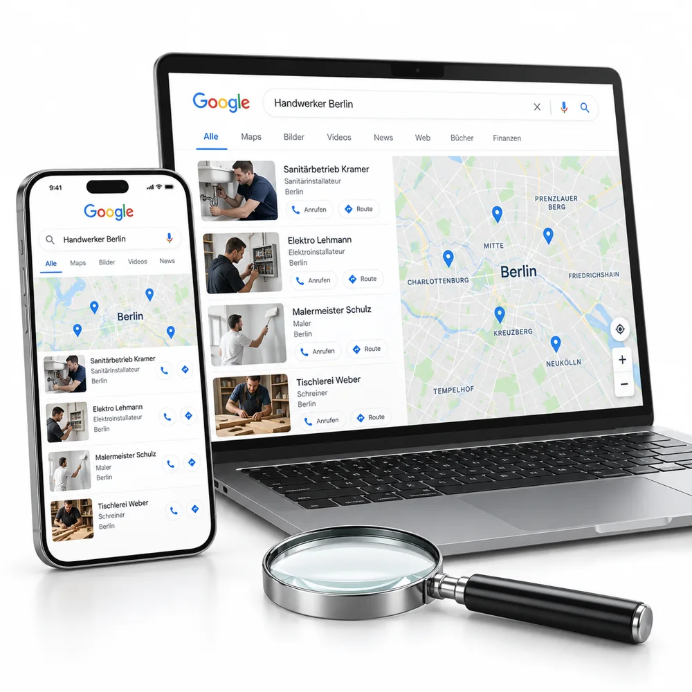 Illustration einer lokalen Google Suche auf Laptop und Smartphone