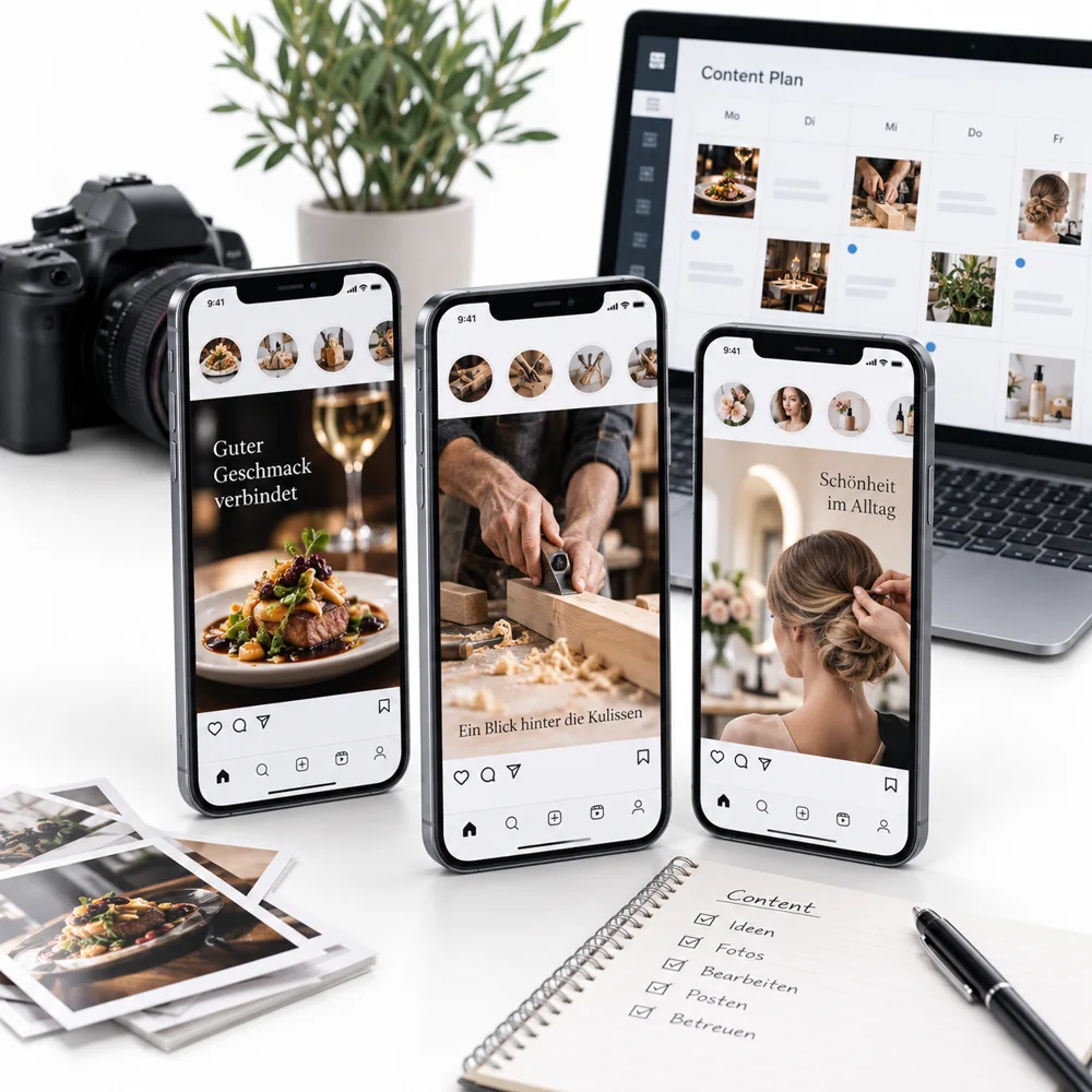 Beispiele von Social Media Beiträgen auf drei Smartphones