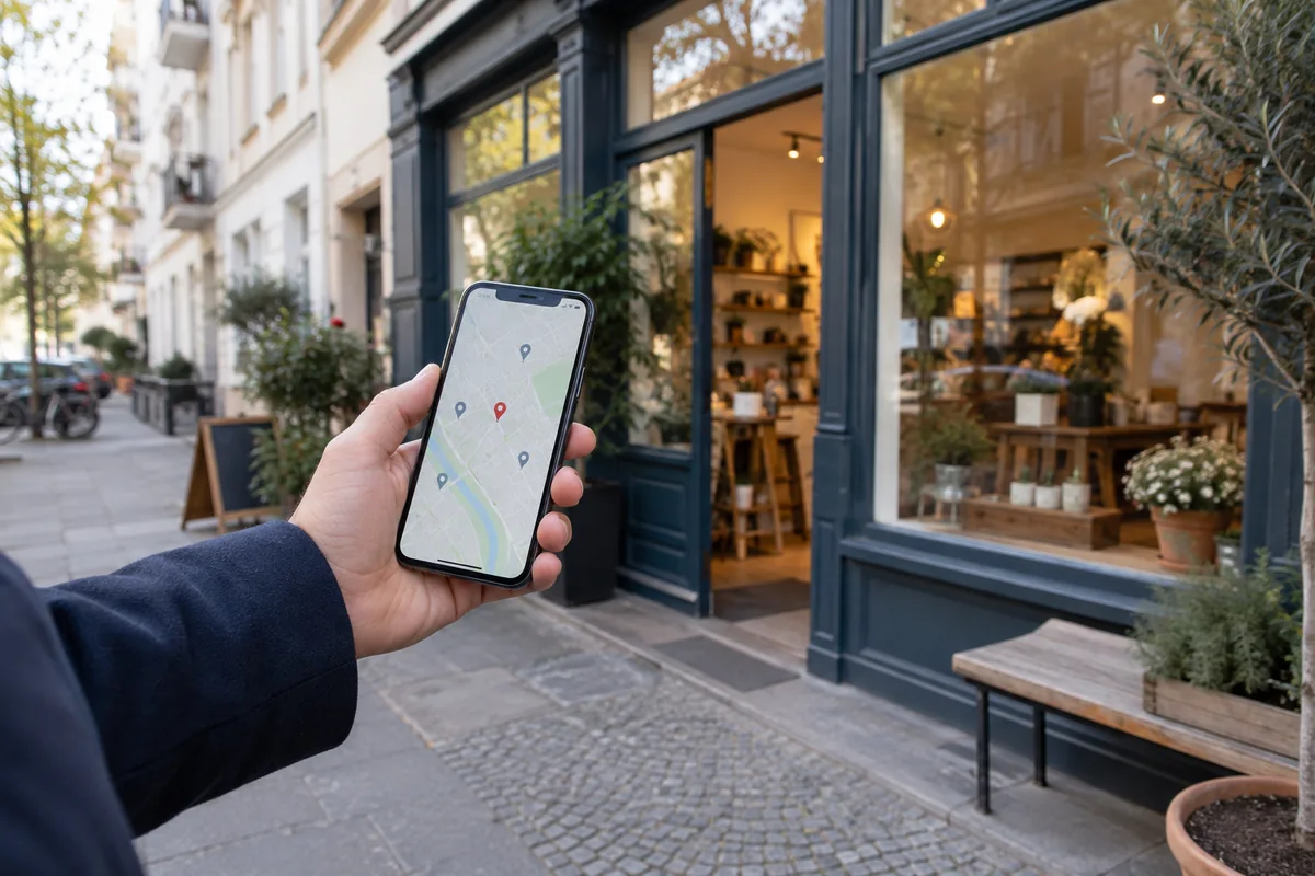 Bildbeispiel: Lokale Suche auf einem Smartphone vor einem Geschäft